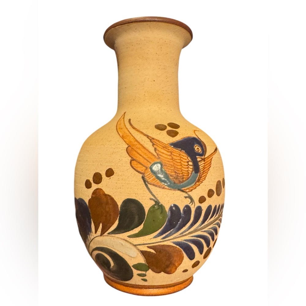 Vintage Tonala Mexican Art Pottery floral bird vase fine art ceramics artisan